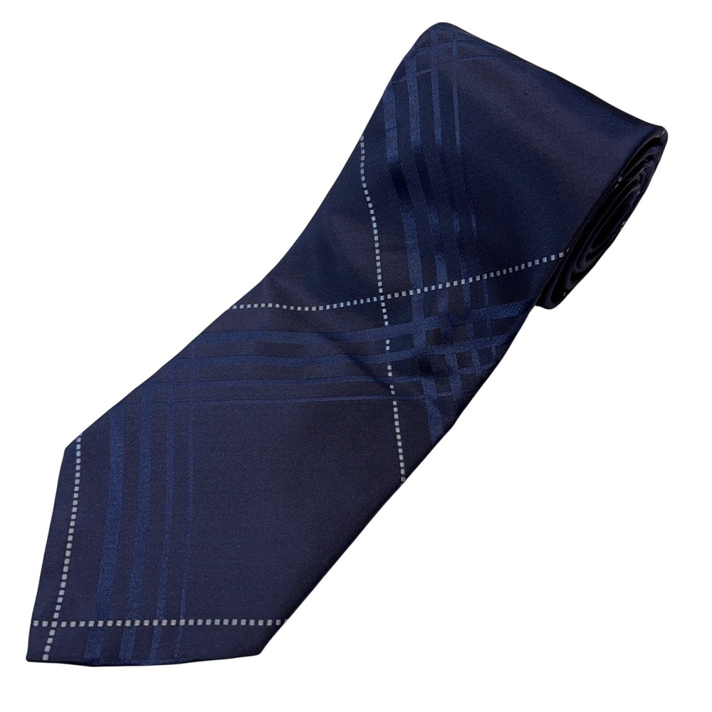 Pierre Cardin Mens Navy Blue Plaid Silk Necktie Geometric Dotted Line Vintage
